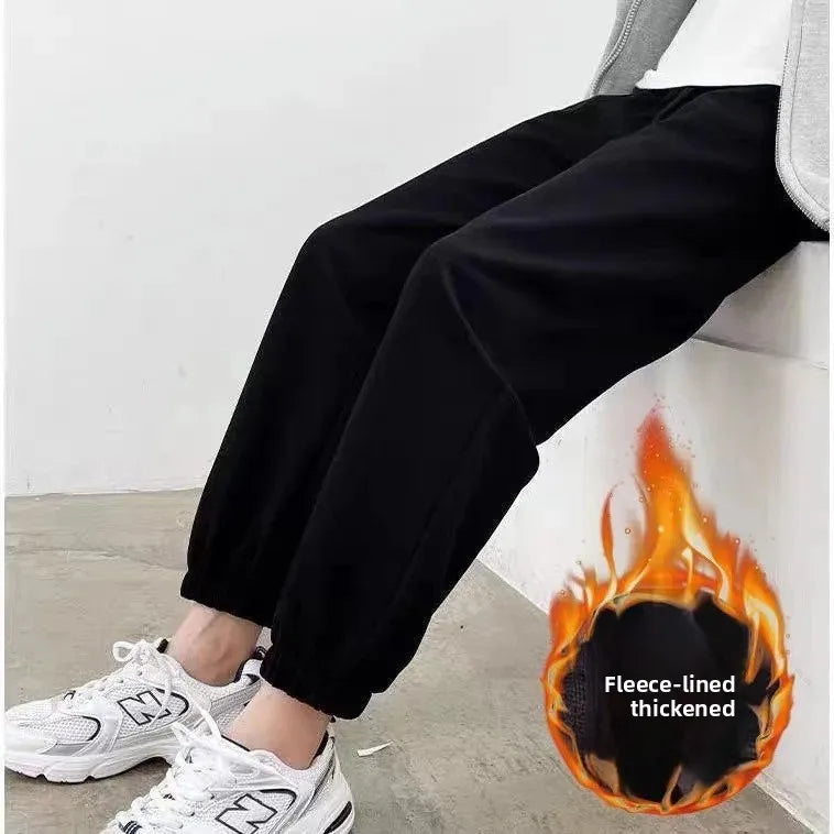 Thickened Fleece Black Sports Pants Pure Color Casual Trousers Autumn Winter New Style Slimming Harlan Pants for Women