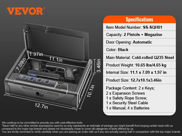 VEVOR Gun Safe Q235 Steel Pistol Safe 3-Way Quick Access Firearm Case Gun Box Advanced Biometric Technology Travel Gun Safe