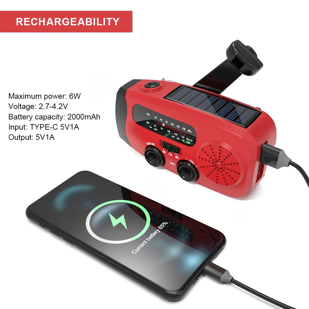 Electric Portable Solar Hand Crank Radio Charger With LED Lights For Outdoor Survival
