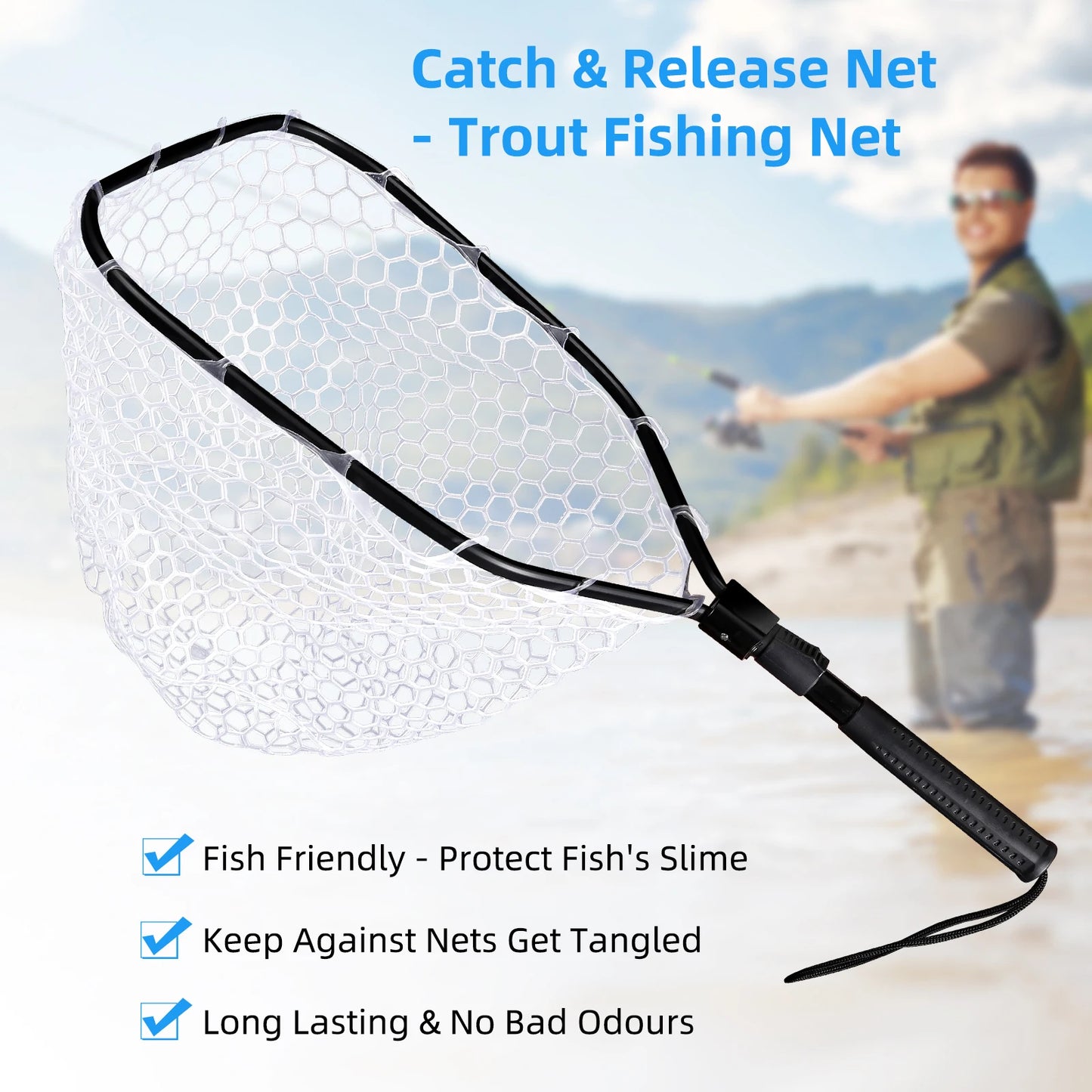 Foldable Trout Fly Fishing Net With Soft Rubber Mesh Handle