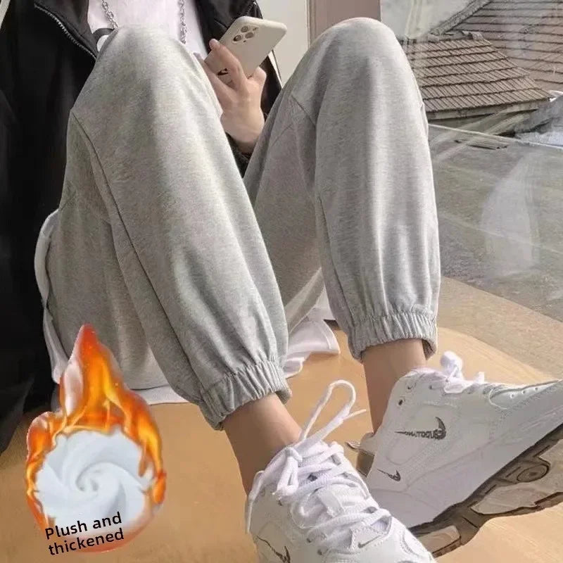 Thickened Fleece Black Sports Pants Pure Color Casual Trousers Autumn Winter New Style Slimming Harlan Pants for Women