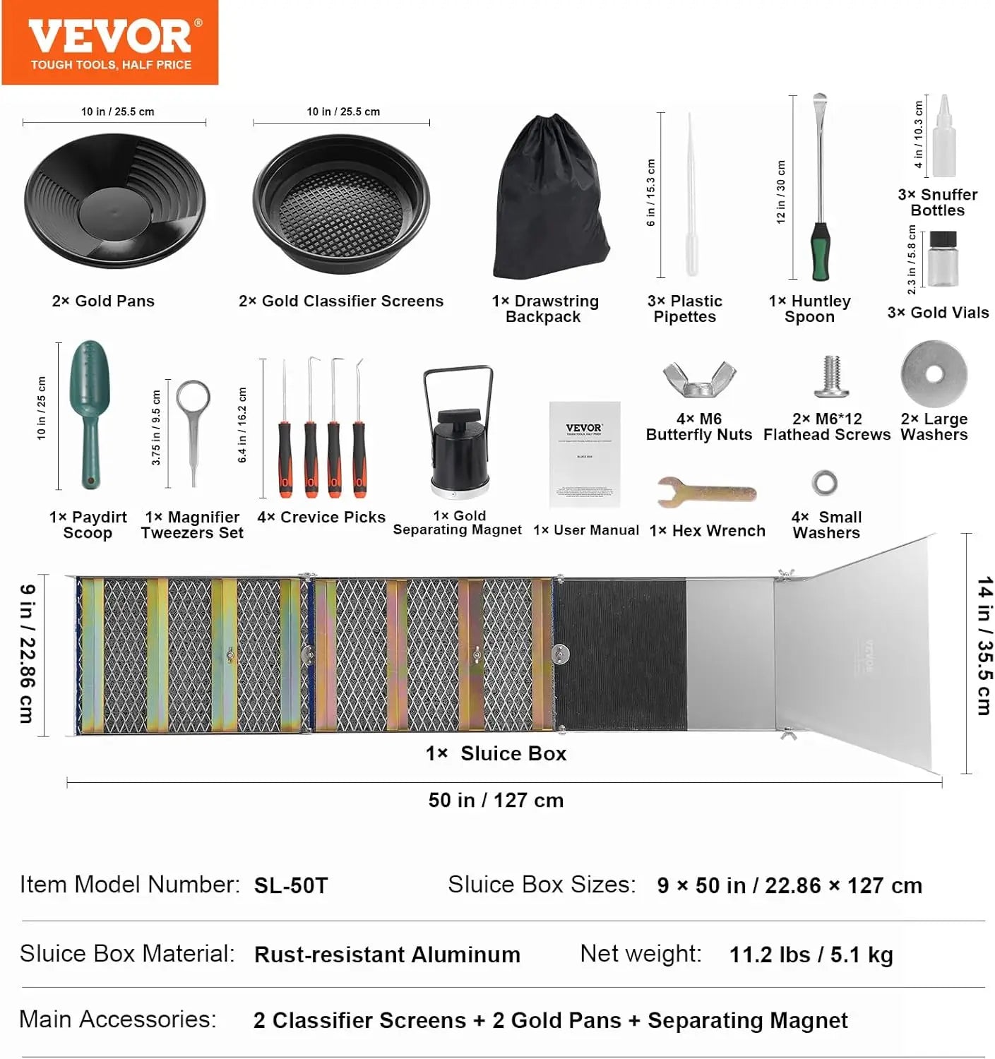 Complete Sluice Box Gold Panning Kit, 50" Folding Aluminum Alloy Gold Mining Equipment, 23 PCS Gold Prospecting Kit
