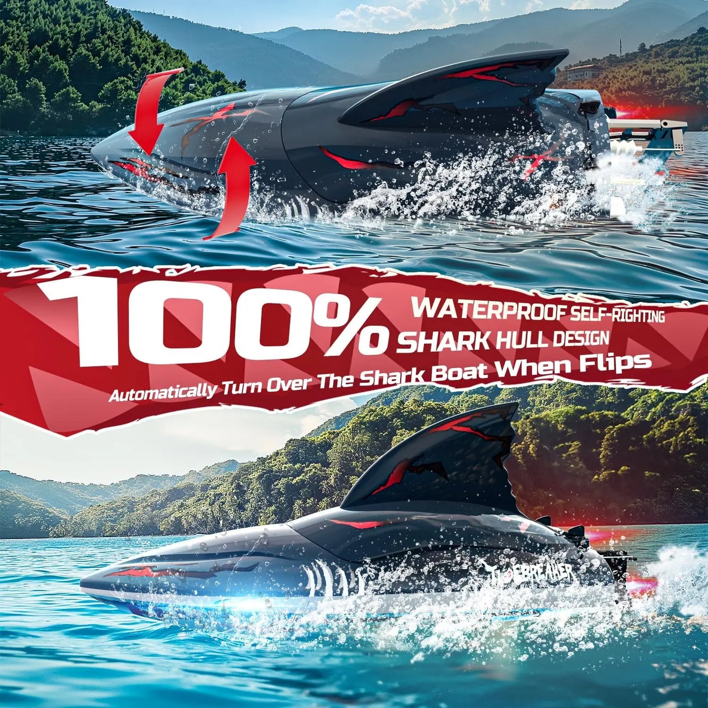 DEERC RC Shark Boat 2104 Self Rising 2 4 GHz LED Lights