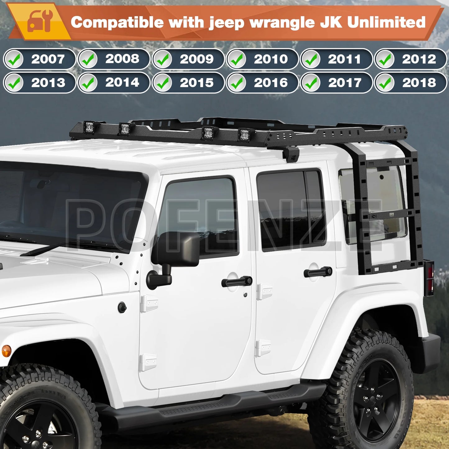 POFENZE Jeep Wrangler Roof Rack With 4 LED Lights System