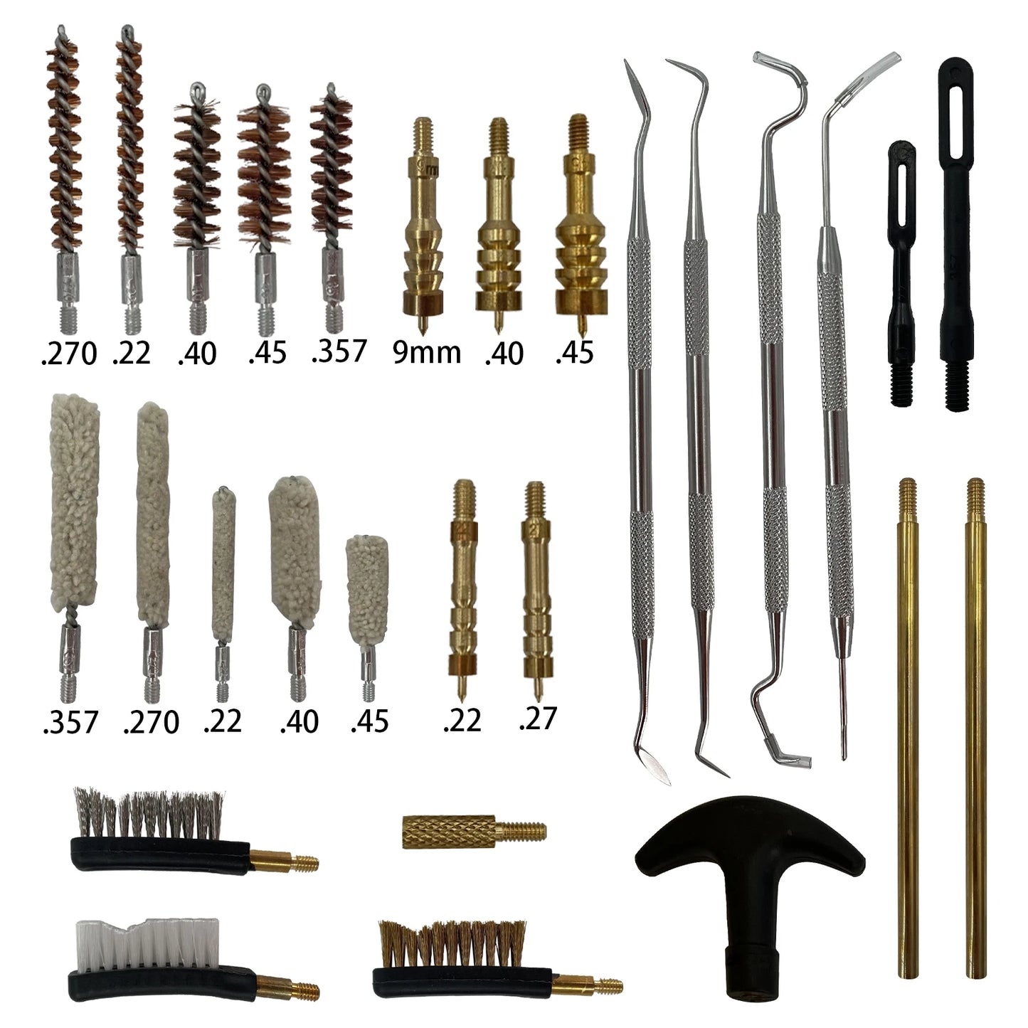 MIDUG Universal Handgun Cleaning Kit .22 Cal .40 Cal .45 Cal 9mm Pistol Cleaning Kit Bore Brush Brass Jag Stainless Steel Pick