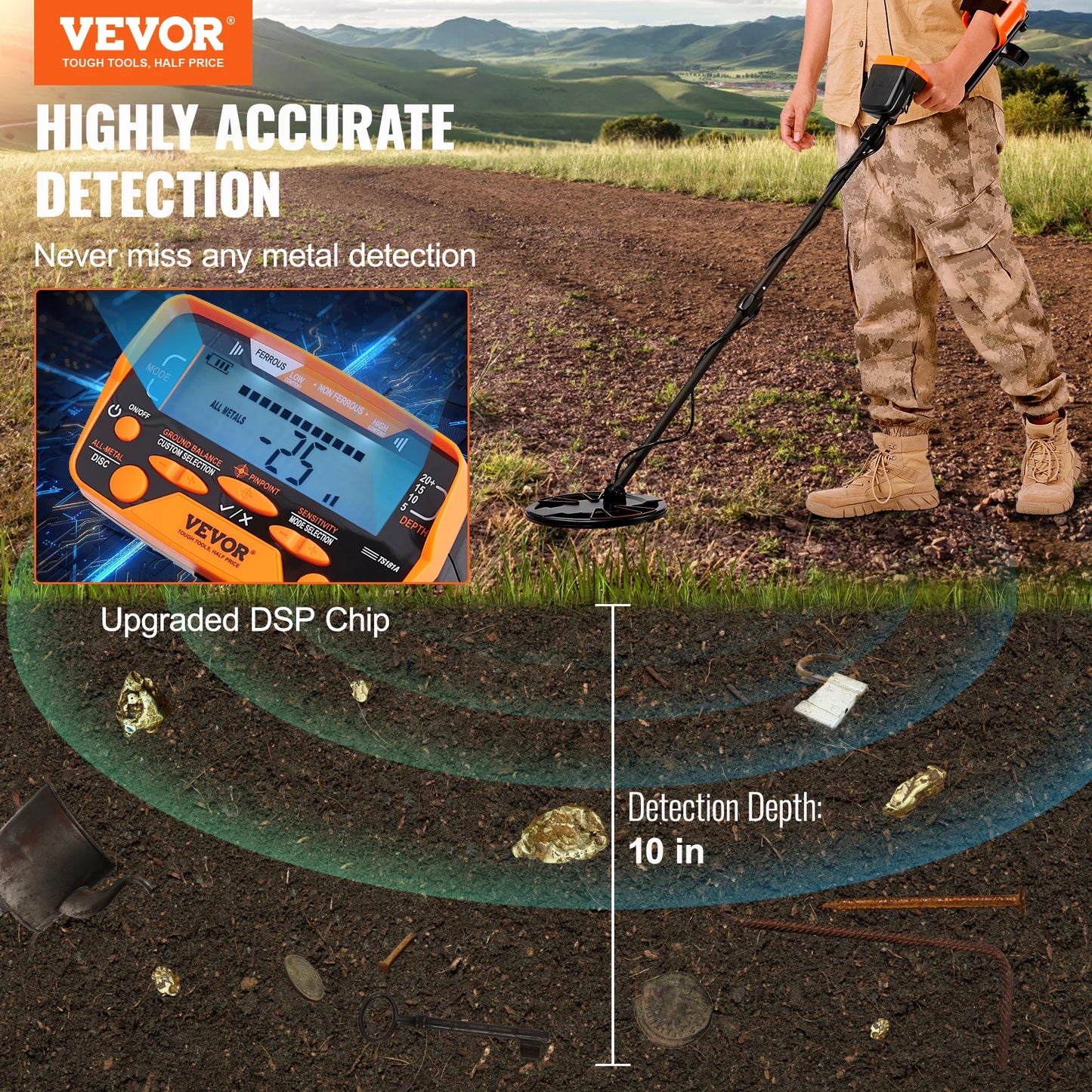 VEVOR Metal Detector For Adults And Kids With LCD Display Waterproof Coil 7 Modes Adjustable Aluminum Stem