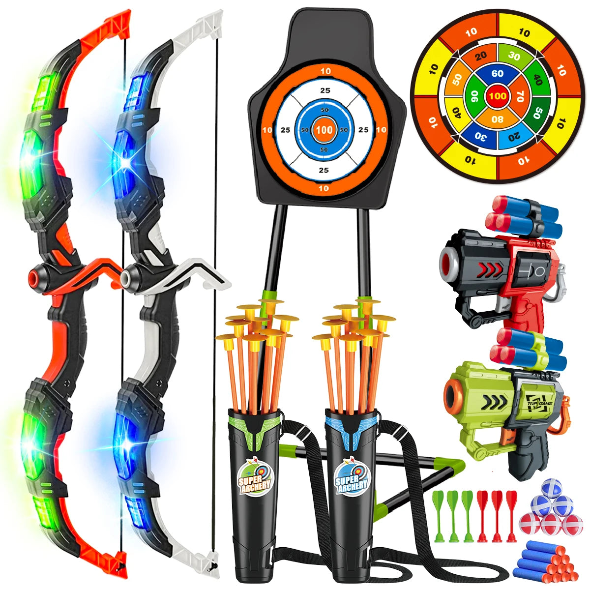 VATOS Archery Toy Set 2X Bow Arrow Night Light Target Board