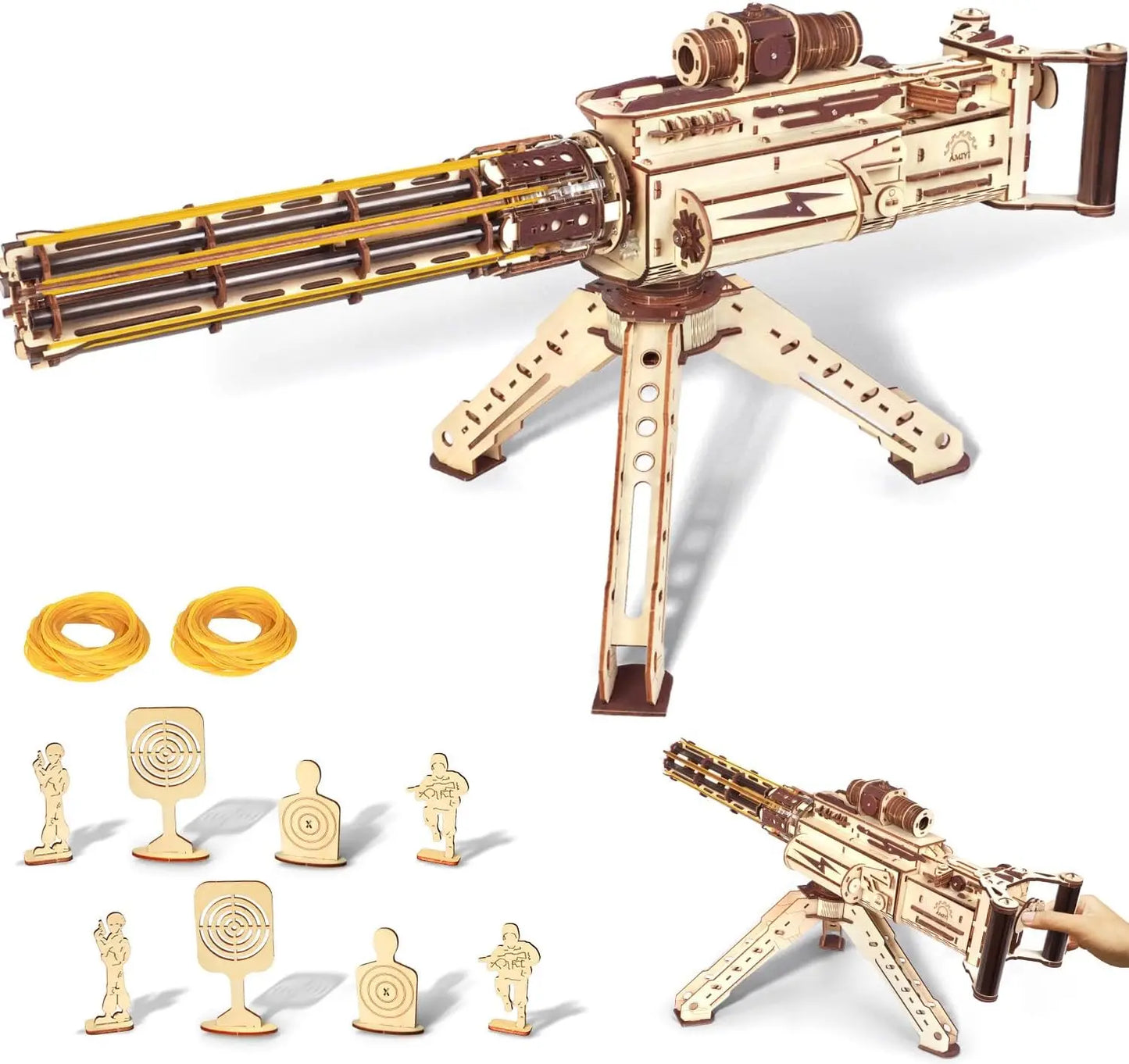 VATOS 3D Wooden Gatling Machine Gun Toy Christmas Gift for Kids Boy Adult 344pcs Wooden Puzzle Building Model Gun Shooting Games