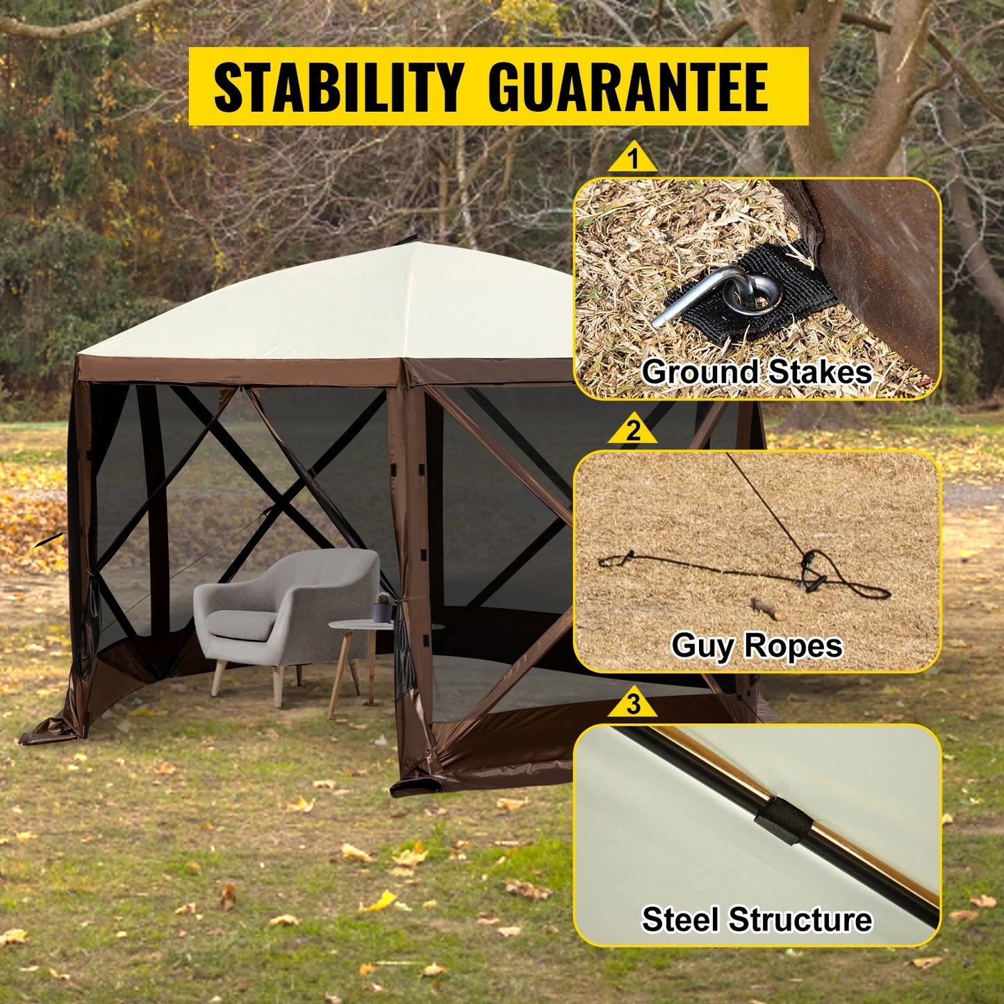 SucceBuy Pop Up Camping Gazebo 12x12 Canopy Shelter 6 Sided