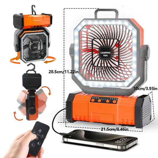 20000mAh Camping Fan with LED Lantern, Rechargeable Battery Operated Oscillating with Remote Hook Steroage Bag