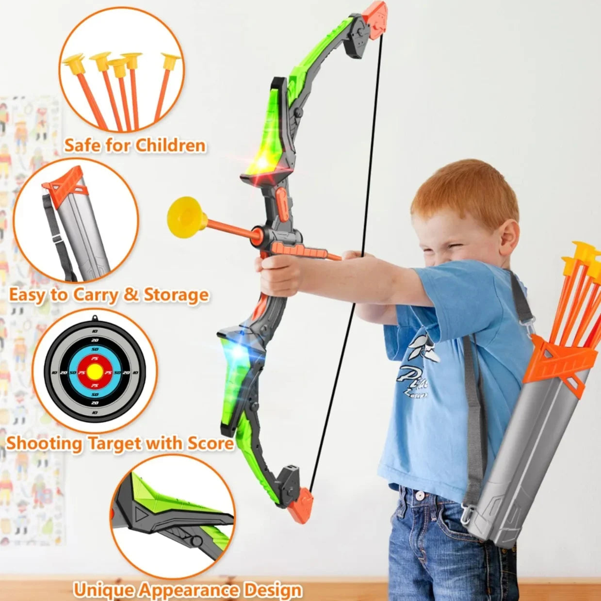 Bow and Arrow Set Light Up Archery Toy Kids Outdoor with Standing Target Sports Shooting Hunting Games Toys Children Gifts