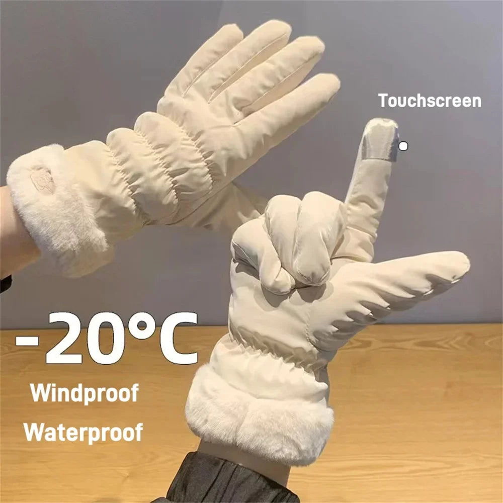 Women Ski Gloves Waterproof Touchscreen Warm Fleece Thickened Plush Cotton For Outdoor Riding Mountaineering