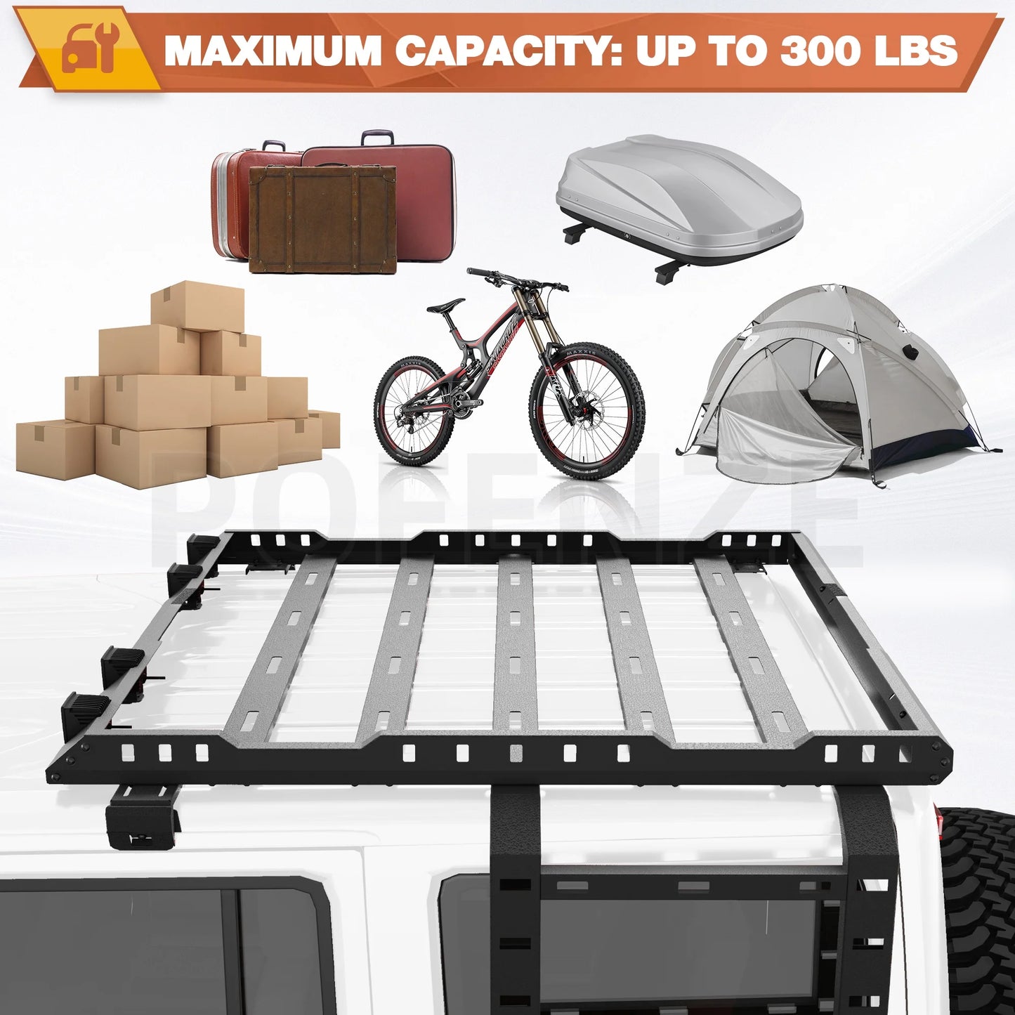 POFENZE Jeep Wrangler Roof Rack With 4 LED Lights System