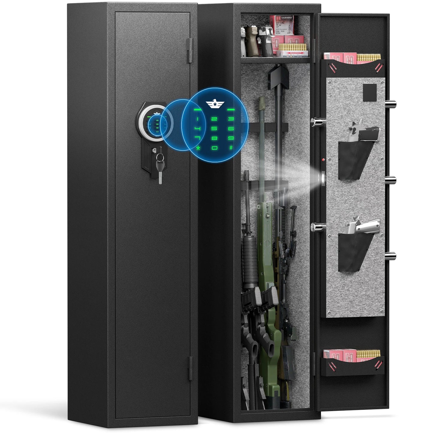 Kavey Digital Large Gun Safe, Quick Access Gun Cabinets with LED Light, Adjustable Gun Rack and Removable Shelf