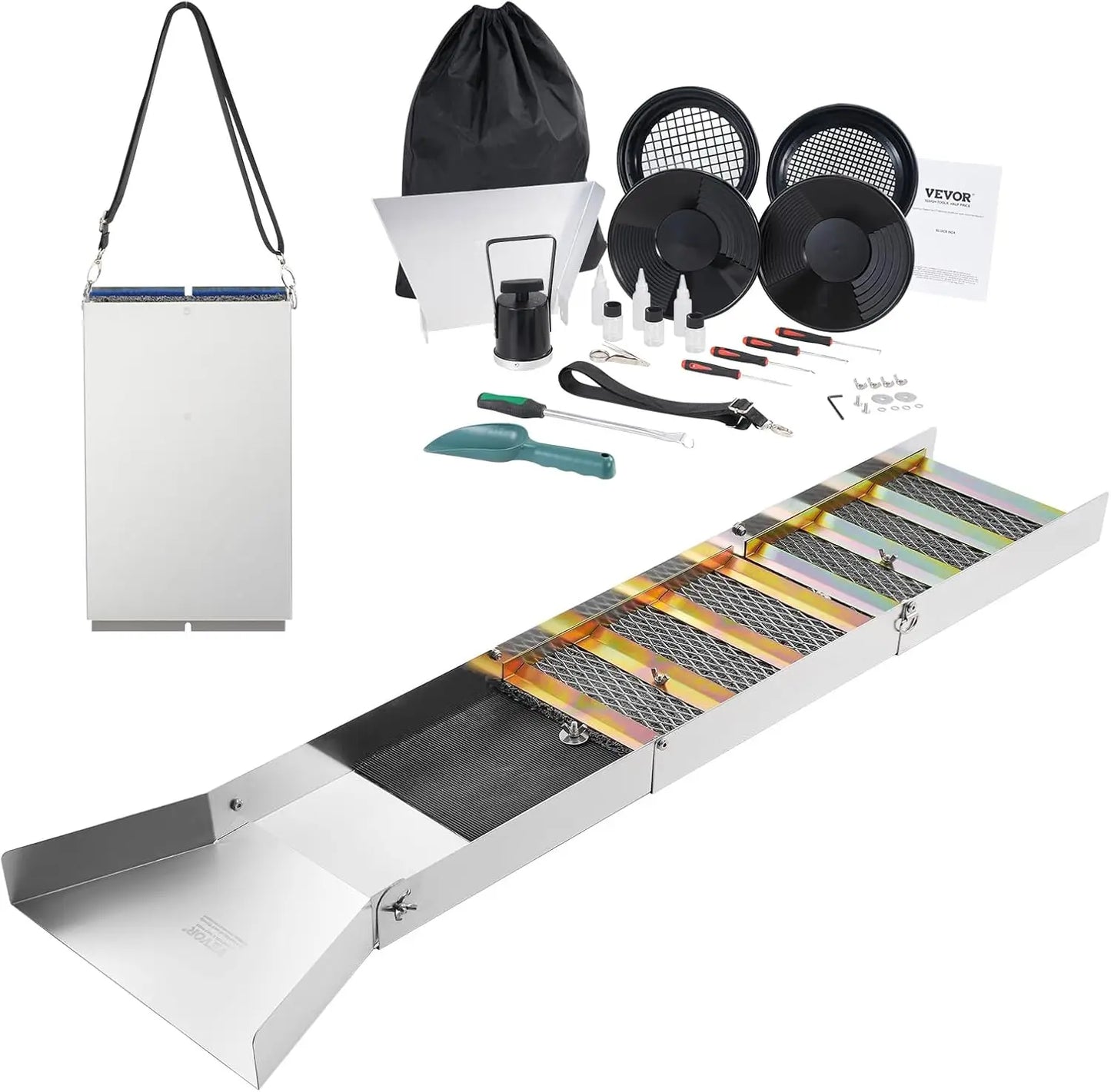 Complete Sluice Box Gold Panning Kit, 50" Folding Aluminum Alloy Gold Mining Equipment, 23 PCS Gold Prospecting Kit