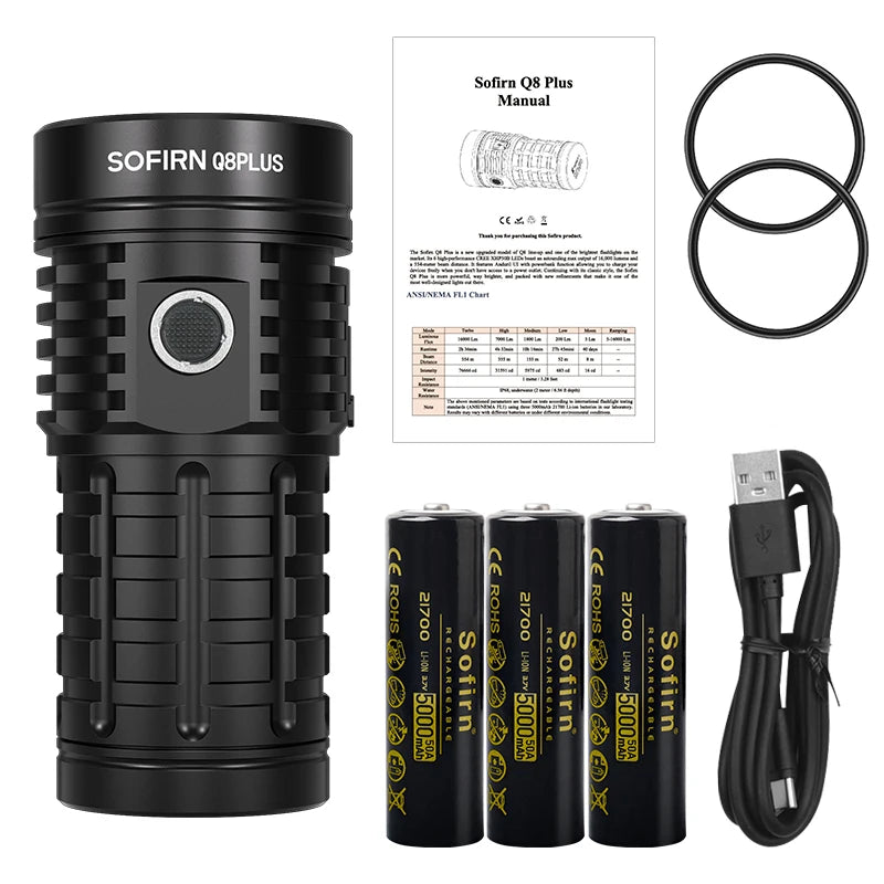 Sofirn Q8 Plus 16000 Lumen LED Flashlight USB C Rechargeable 21700 Battery Anduril Two Point Oh Torch XHP50B