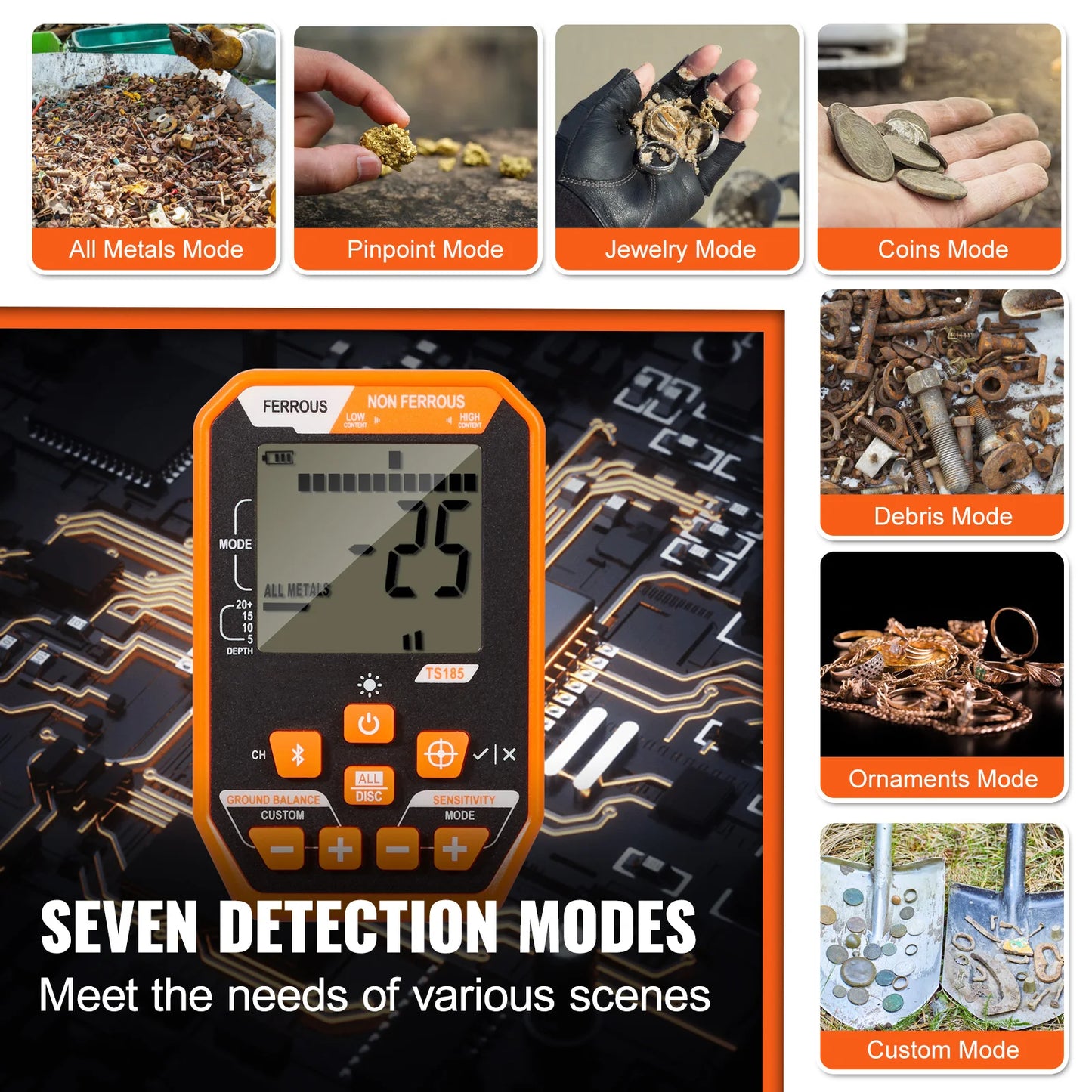 SucceBuy Professional Rechargeable Metal Detector IP68 Waterproof Coil LCD 7 Modes for Treasure Hunting