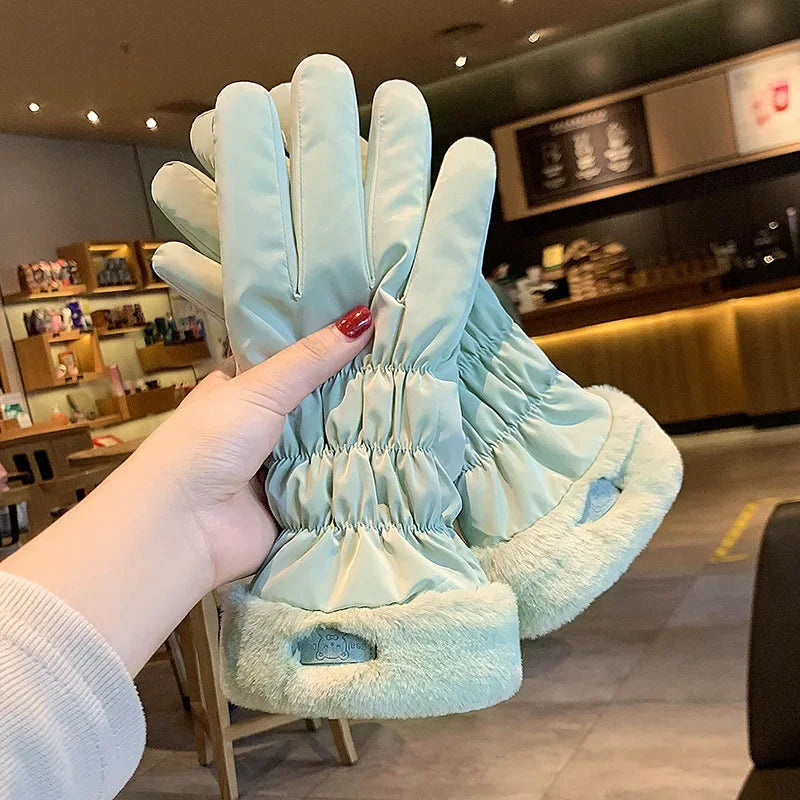 Women Ski Gloves Waterproof Touchscreen Warm Fleece Thickened Plush Cotton For Outdoor Riding Mountaineering