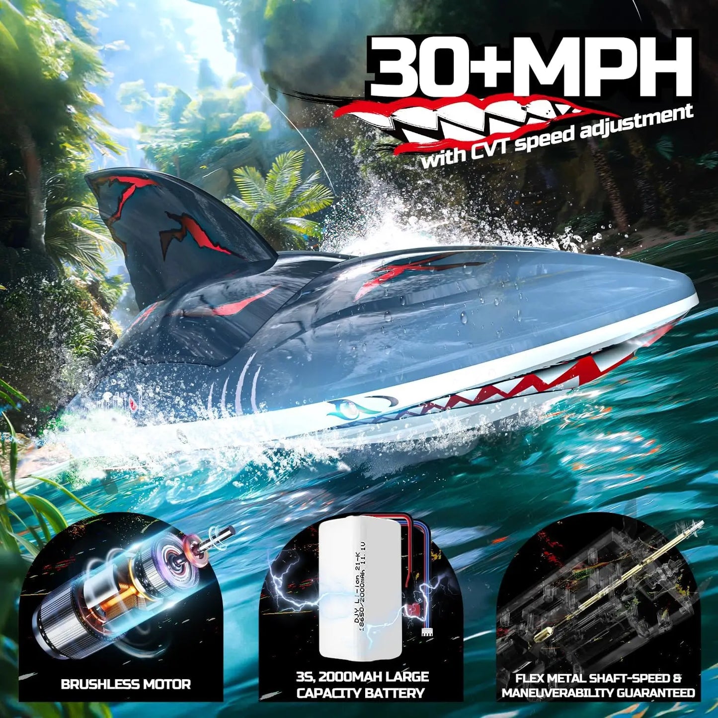 DEERC RC Shark Boat 2104 Self Rising 2 4 GHz LED Lights