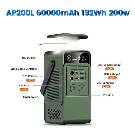 CTOLITY AP200L 200W Power Bank 192Wh LiFePO4 Battery 60000mAh Solar Generator For Camping