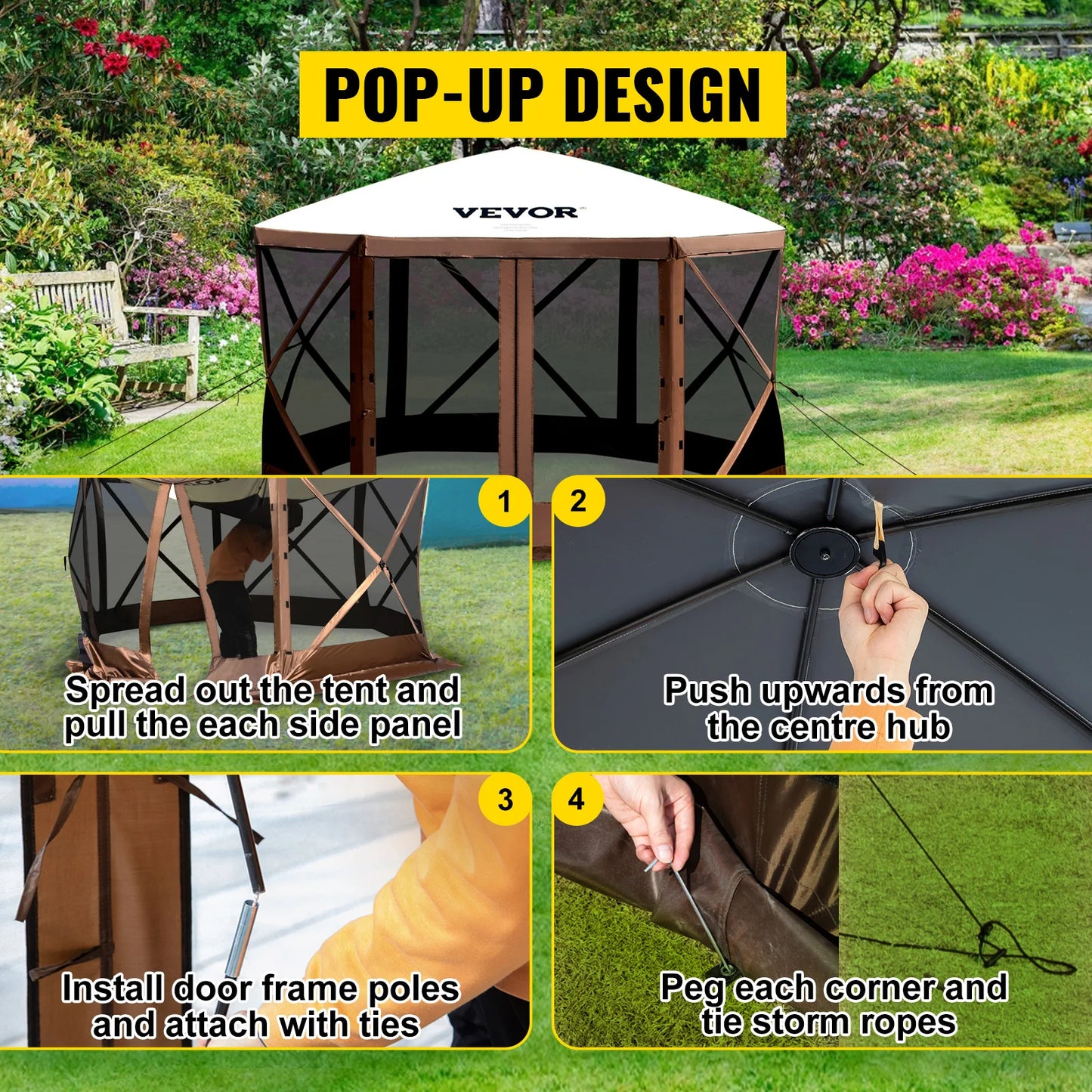 SucceBuy Pop Up Camping Gazebo 12x12 Canopy Shelter 6 Sided