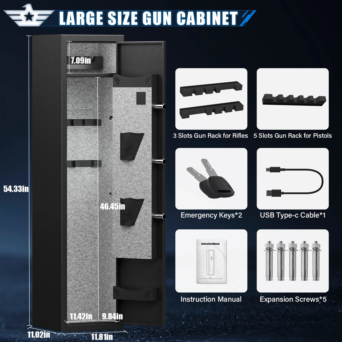 Kavey Digital Large Gun Safe, Quick Access Gun Cabinets with LED Light, Adjustable Gun Rack and Removable Shelf