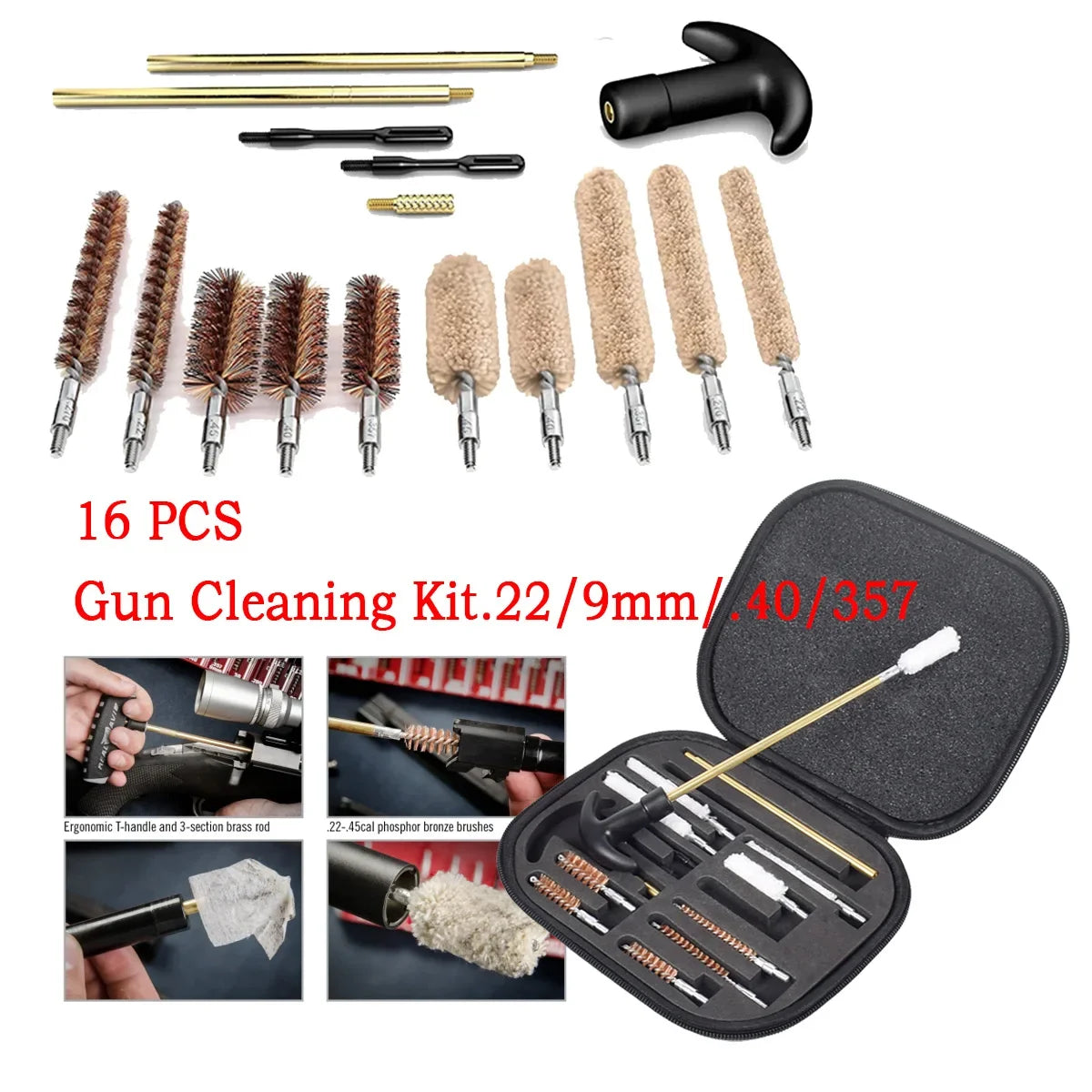 Universal 16 Pcs/set Tactical Gun Handgun Pistol Brass Rod 22LR .22 9mm .40 .357 Caliber Barrel Cleaning Kit Portable Range Bag