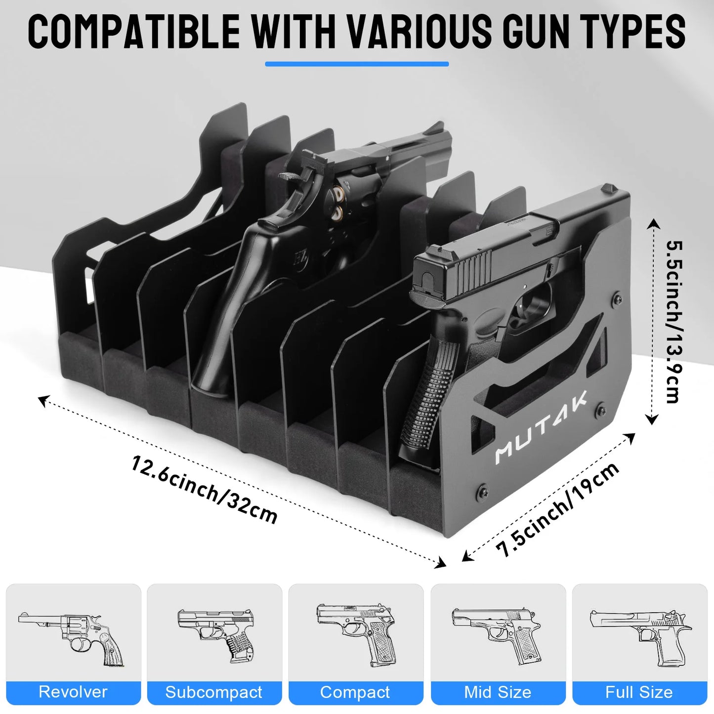 Mutak 8 Slots Pistol Rack for Gun Safe,Foam Handgun Rack with Anti-slip Magnetic Strip Revolver Pistols Holder Indoor Gun Rack
