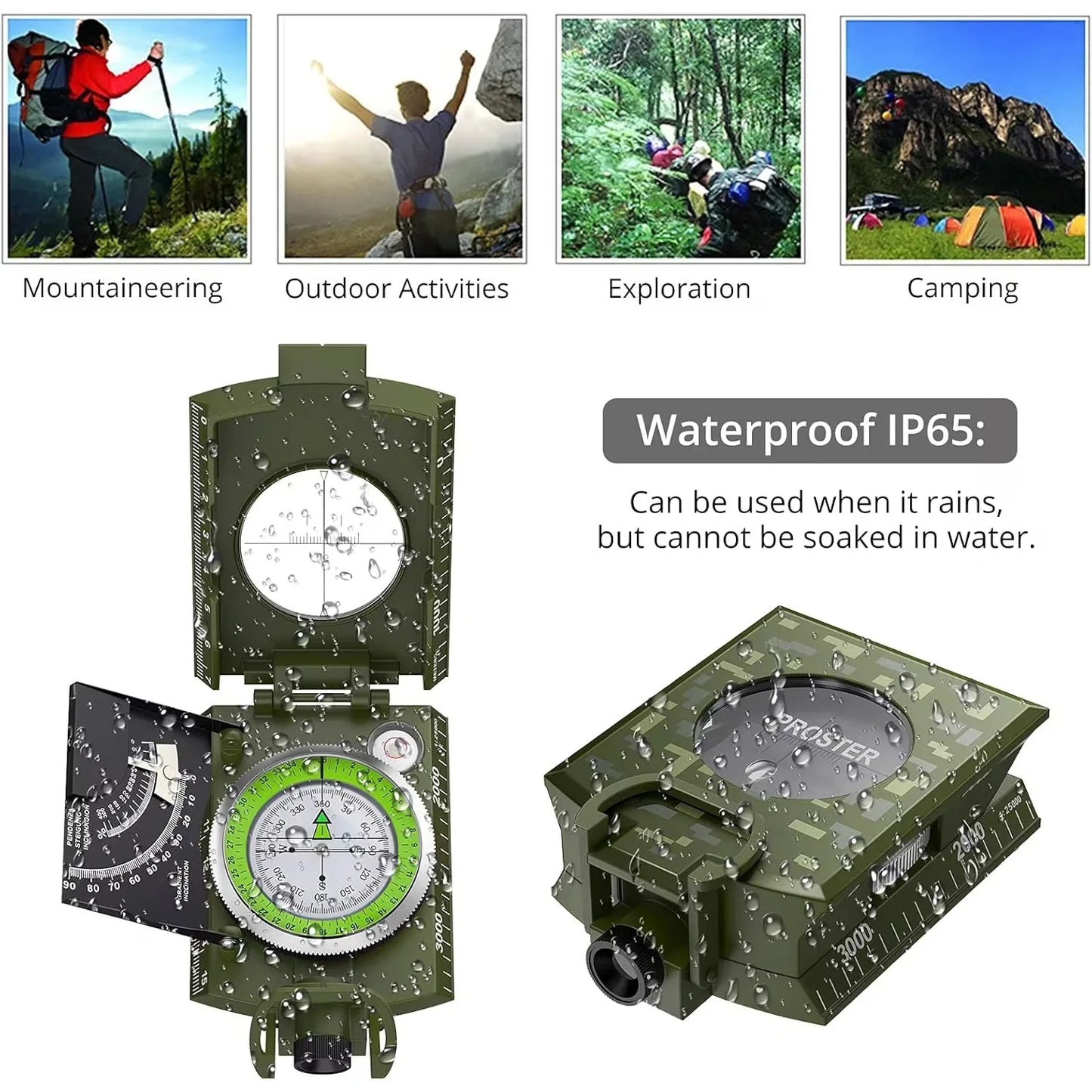 Carrying Lensatic Compass Metal Waterproof IP65 Clinometer