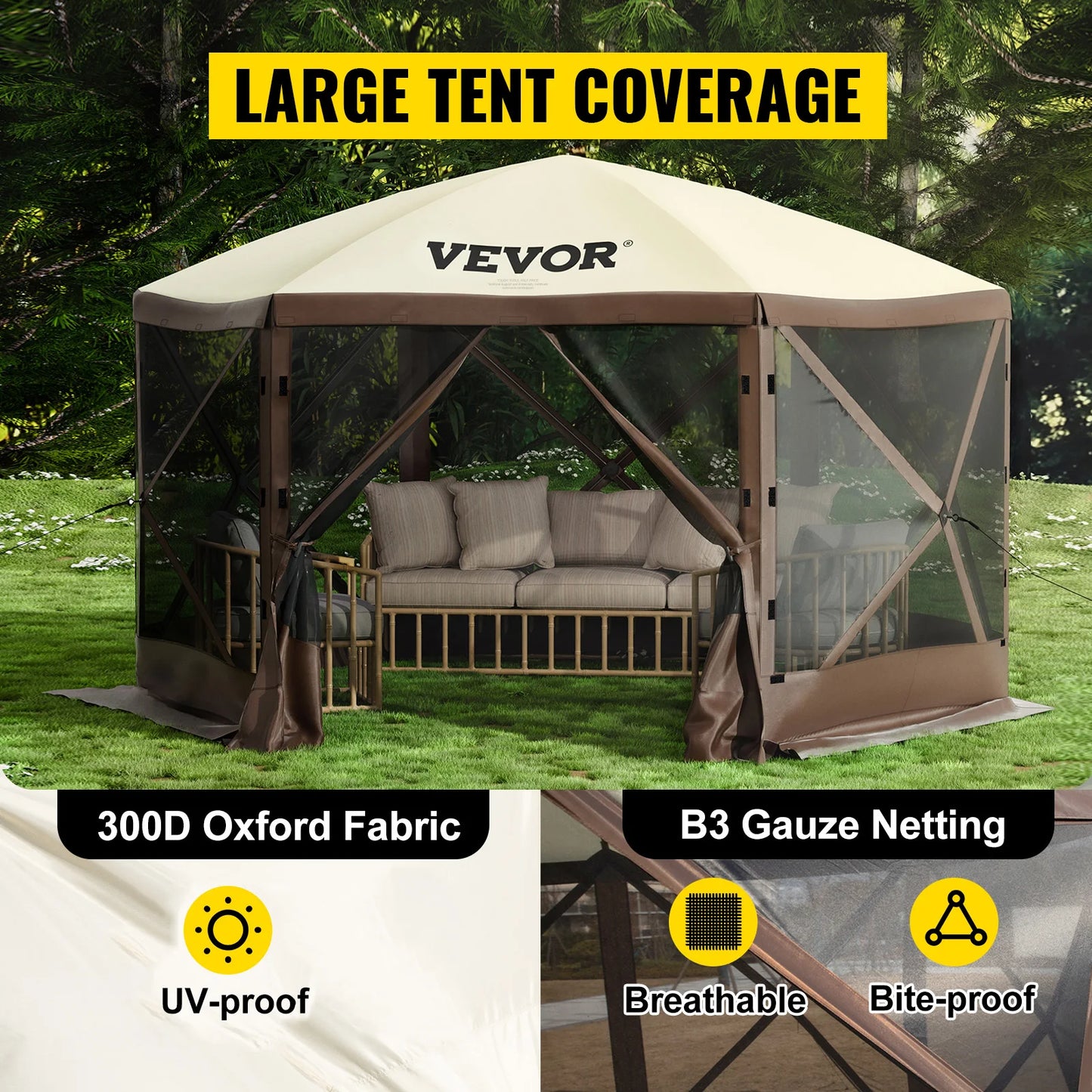 SucceBuy Pop Up Camping Gazebo 12x12 Canopy Shelter 6 Sided